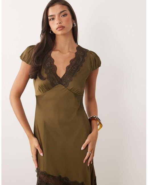Nobody's Child Natural Gloria Satin And Lace Mix V Neck Split Front Maxi Dress