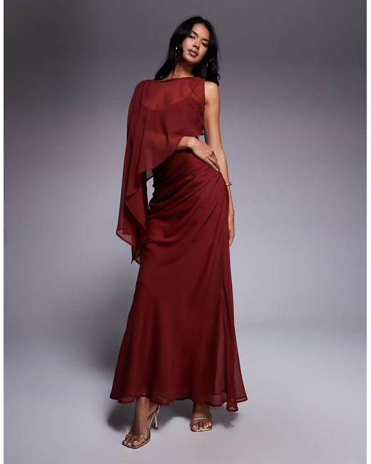 Vestito Lungo Color Ruggine Con Maniche A Strati E Gonna Drappeggiata di ASOS in Red
