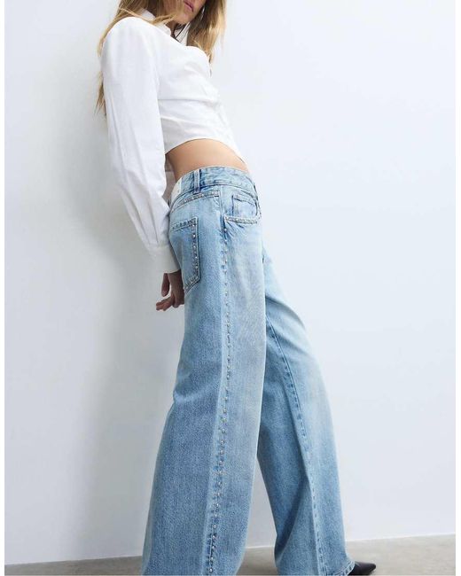 Stradivarius Blue Wide-leg Loose Studded Jeans