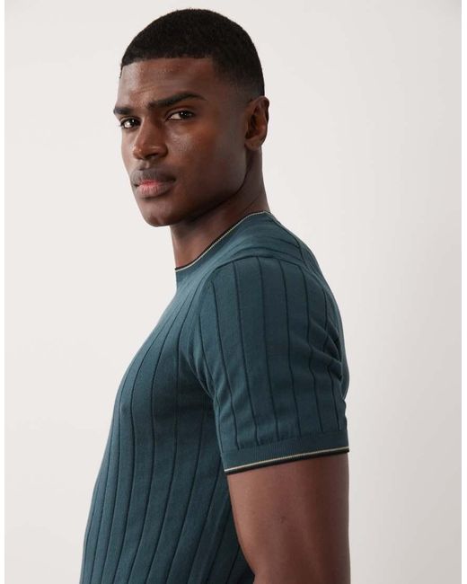 Mango Blue Ribbed T-Shirt With Contrast Tipping for men