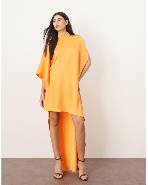 ARRANGE Orange High Neck Cape Sleeve Mini Dress With Asymmetric Hem