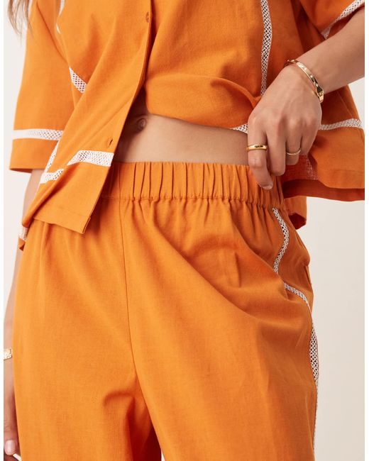 ASOS Orange Linen Blend Pull On Wide Leg Trousers With Contrast Trim Co-ord