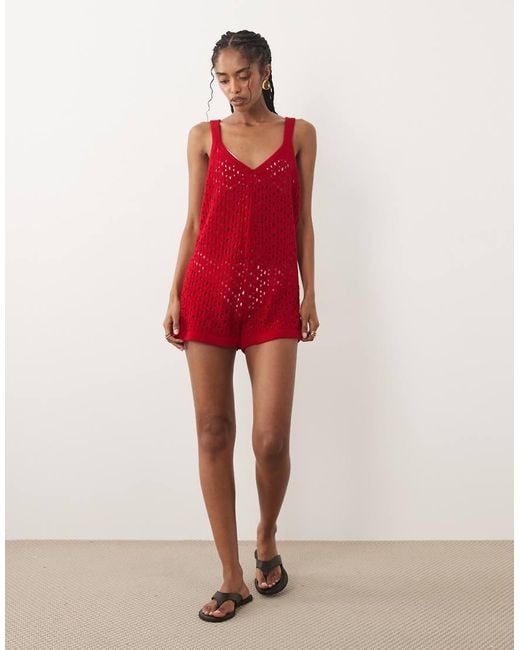 Miss Selfridge Red Crochet Playsuit