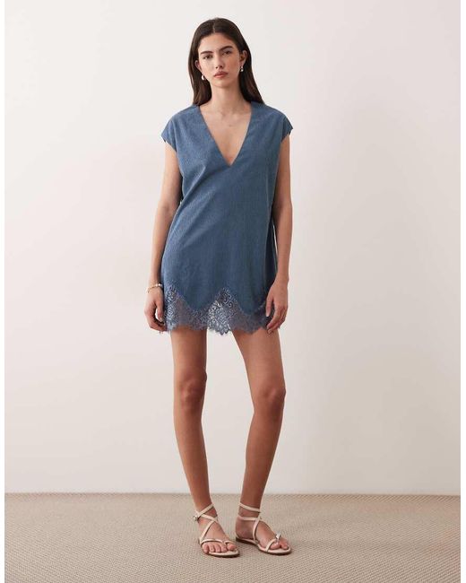 ASOS Blue Cord Lace Trim Shift Mini Dress