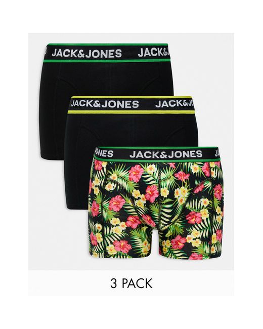 Jack & Jones Green 3 Pack Trunks With Floral Print for men