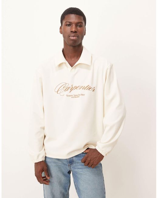 ASOS Natural Oversized Revere Neck Polo With Embroidery for men