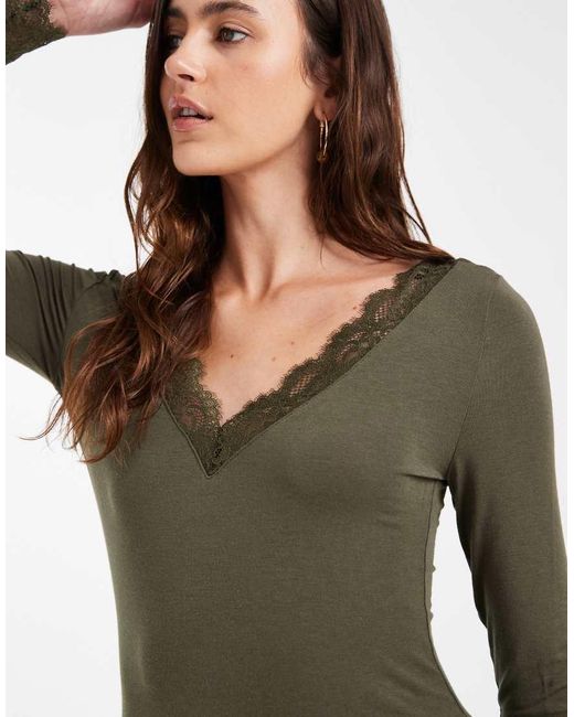 Vero Moda Brown V-neck Long Sleeve T-shirt With Lace Trim