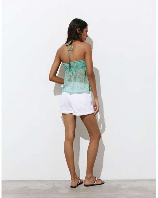 Pull&Bear Green Gathered Beaded Top