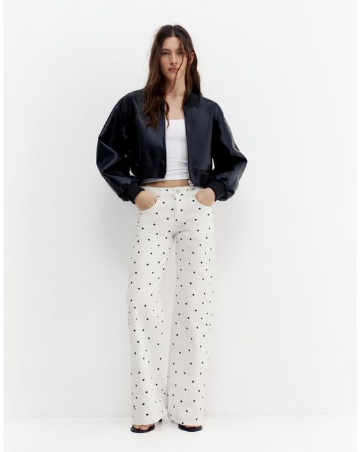 Pull&Bear White Polka Dot Straight-leg Jeans