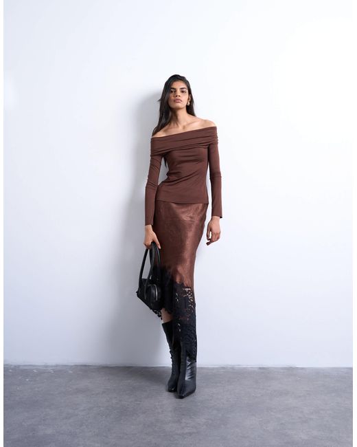 Top à manches longues et encolure bardot - marron TOPSHOP en coloris Brown