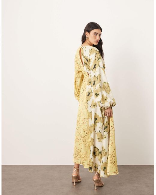ARRANGE Metallic Crinkle Satin Long Sleeve Midi Dress With Trim