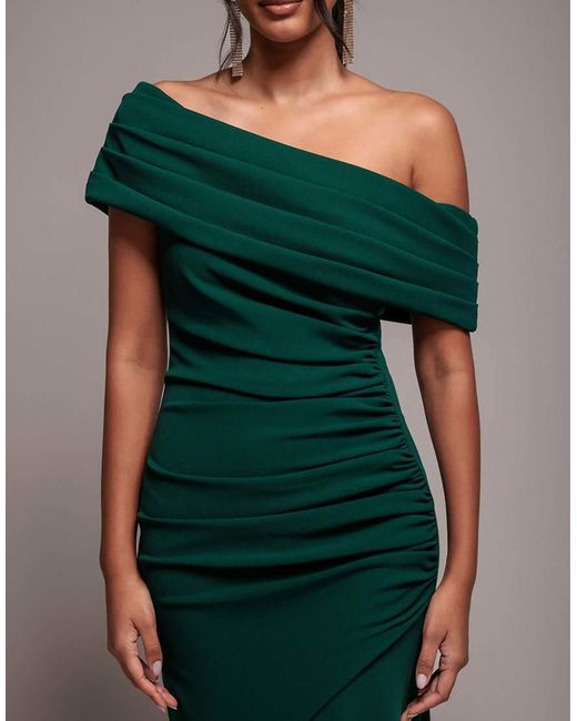 Goddiva Green Pleated One Shoulder Bardot Fit And Flare Maxi Dress
