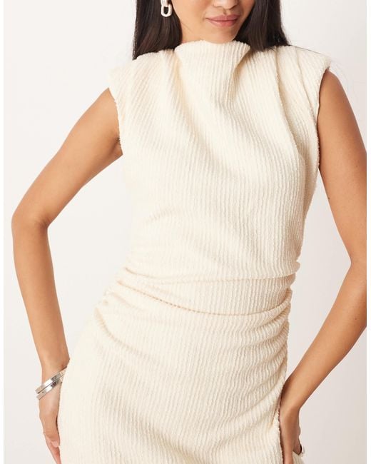 ASOS Natural Boucle Sleeveless Shoulder Pad Ruched Midi Dress