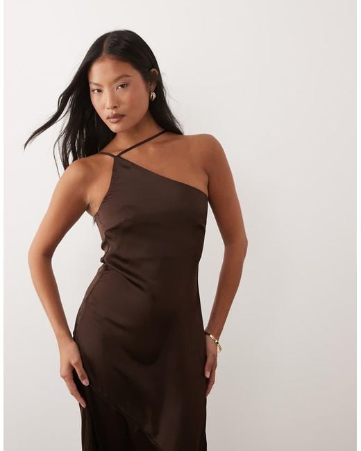 Vila Brown One Shoulder Strap Detail Satin Maxi Dress