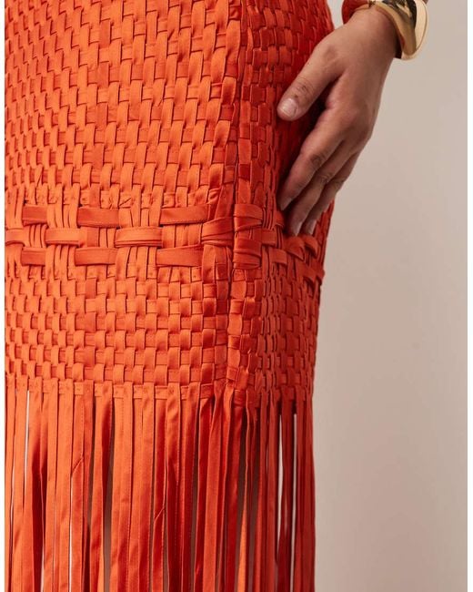 ARRANGE Orange Curve Lattice Handwoven Fringe Hem Midi Dress