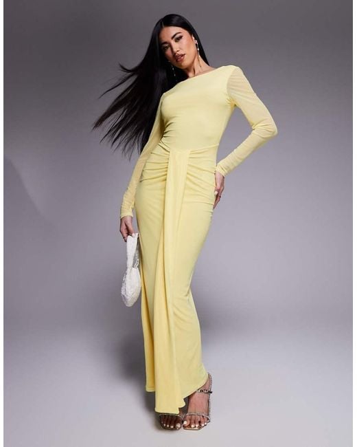 ASOS Yellow Mesh Long Sleeve Slash Neck Open Back Maxi Dress With Sash