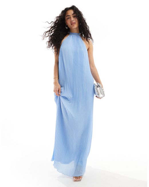 TFNC London Blue Bridesmaids Chiffon Pleated Halterneck Maxi Dress