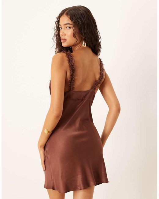 ASOS Brown Frill Detail Cami Satin Slip Mini Dress