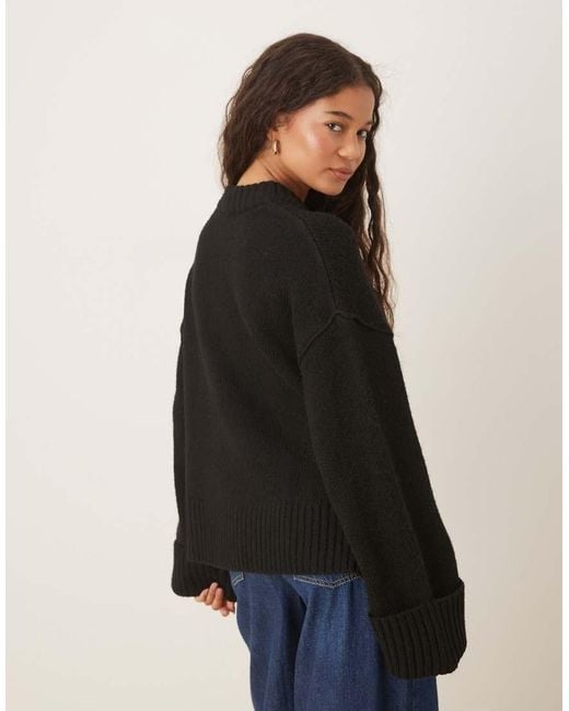 Gina Tricot Black Relaxed Crew Neck Folded Sleeve Knitted Sweater