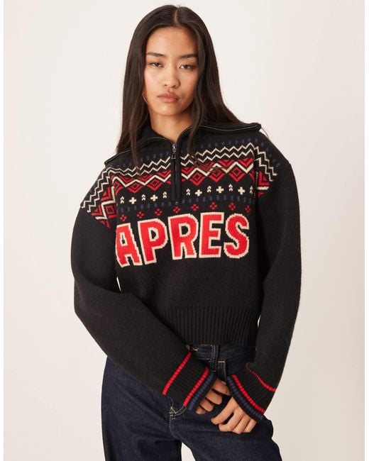 ASOS Red – norwegerpullover mit ski-slogan und kurzem reißverschluss