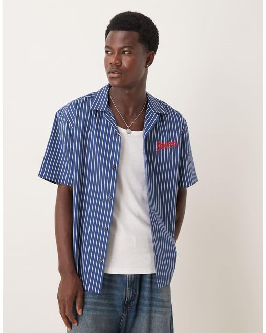 ASOS Ruimvallend Gestreept Overhemd Met Geborduurd Logo Op De Borst in het Blue voor heren