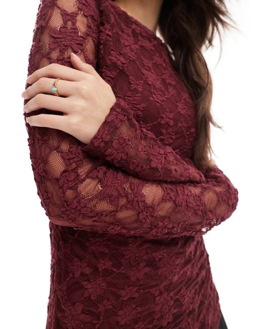 Threadbare Red Lace Long Sleeve Top With Asymmetric Hem