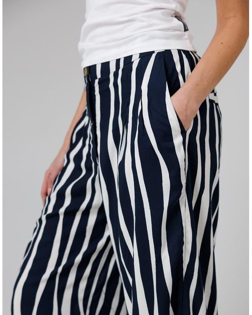 French Connection Blue Cotton Vertical Stripe Wide Leg Relaxed Fit Trousers