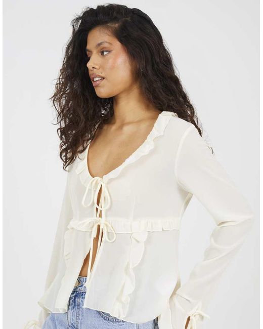 Brave Soul White Long Sleeve Mesh Ruffle Tie Front Blouse