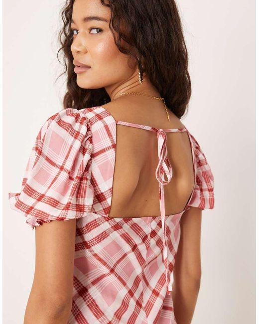 Vestido Midi Rosa A Cuadros Abotonado Con Mangas Abullonadas De ASOS de color Pink