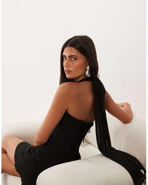 Oh Polly Natural Chiffon Halter Neck Embellished Lace Corset Mini Dress