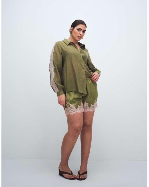Never Fully Dressed Green Satin Lace Detail Button Down Shirt Co-ord