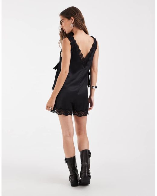 ASOS Black Satin V Neck Playsuit With Lace Trims