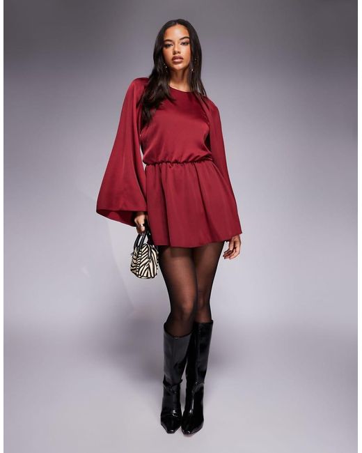 ASOS Red Satin Long Sleeve High Neck Romper