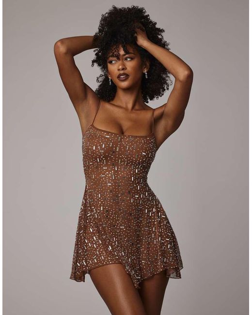 Oh Polly Gray Hanky Hem Hot Fix Embellished Mini Dress