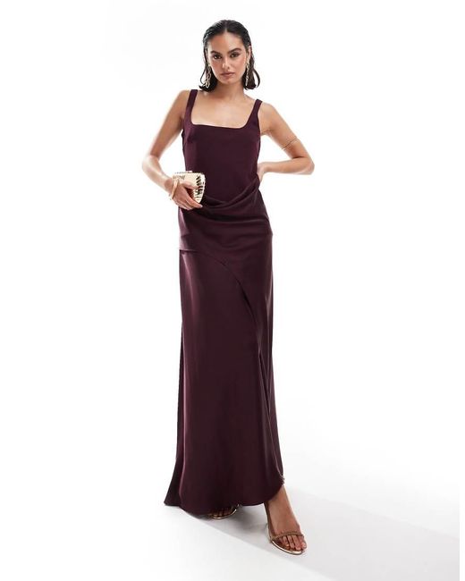 Vestido Largo Morado Oscuro Con Cuello Ancho Y Capa Superior Drapeada De Satén De ASOS de color Purple