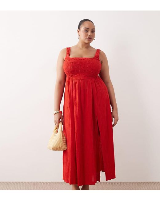 ASOS Red Asos Design Curve Exclusive Selina Beach Textu Cotton Shir Maxi Sundress
