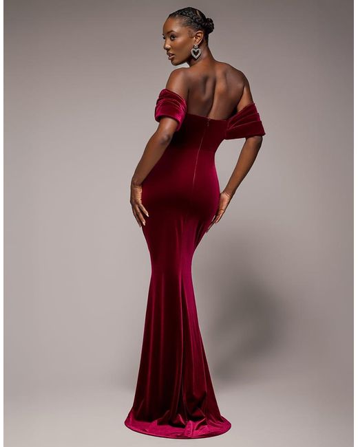 Goddiva Red Off The Shoulder Deep Plunge Velvet Maxi Dress