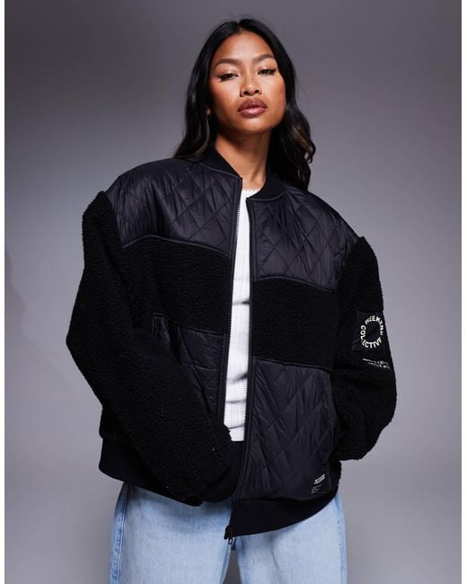ASOS Blue Weekend Collective Borg Zip Through Bomber Jacket With Nylon Detail