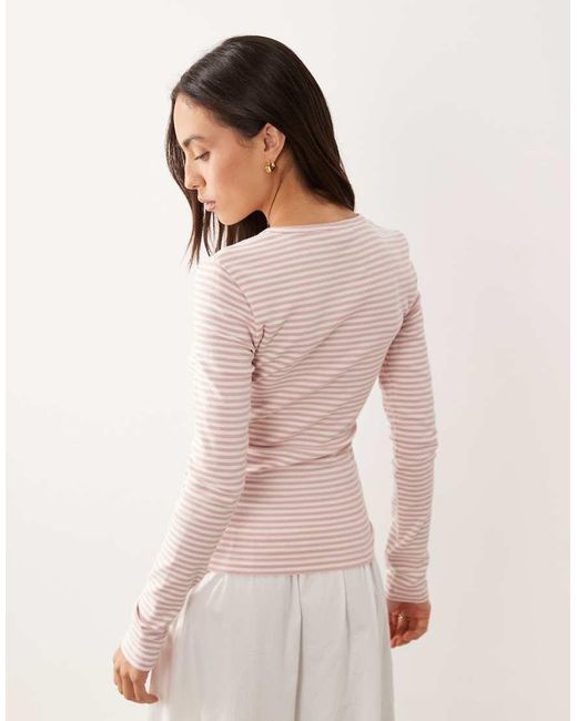 Gina Tricot Pink Jersey Rib Round Neck Long Sleeve Top