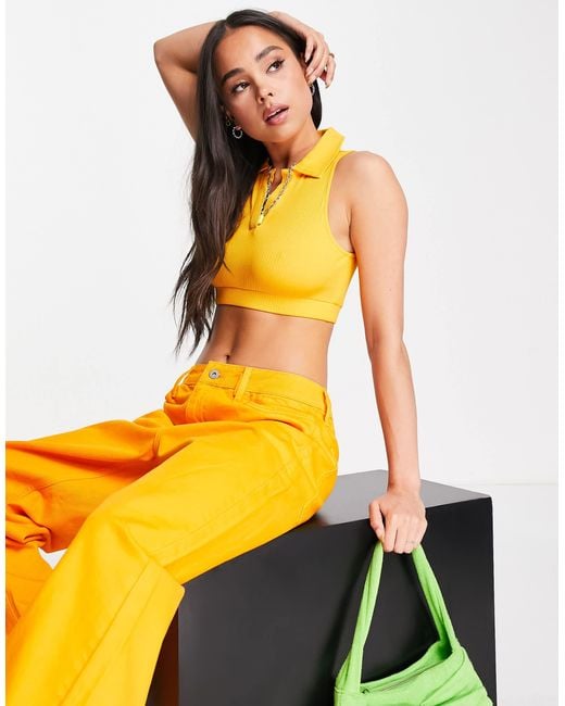Noisy May Orange Ribbed Cropped Polo Top
