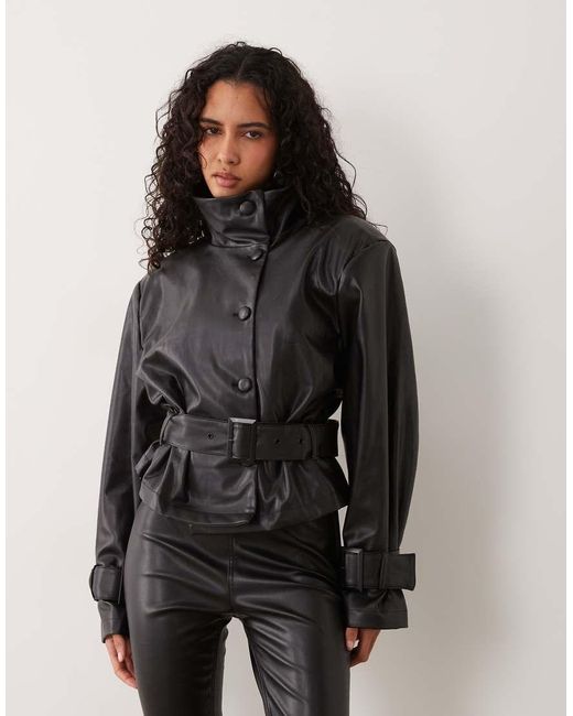 AFRM Black Scarlette Faux-leather Funnel Neck Belted Bomber Jacket