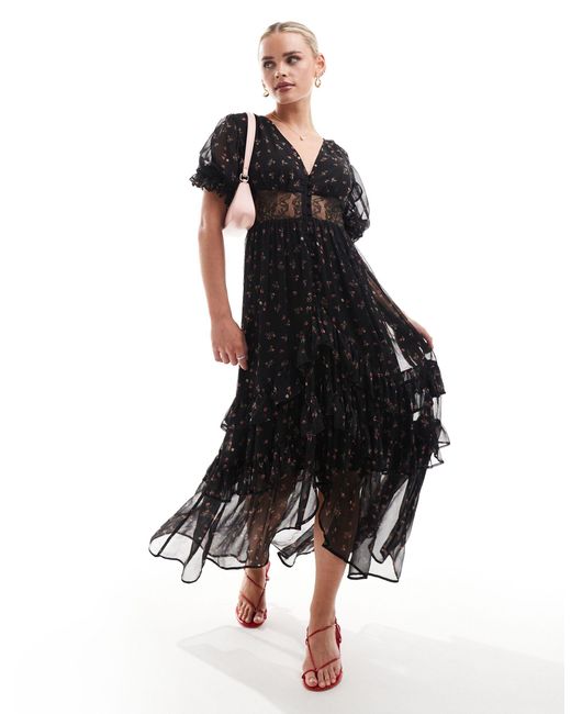 ASOS Black Asos Design Petite Lace Cut Out Dress Button Through Ruffle Hem Midi Dress