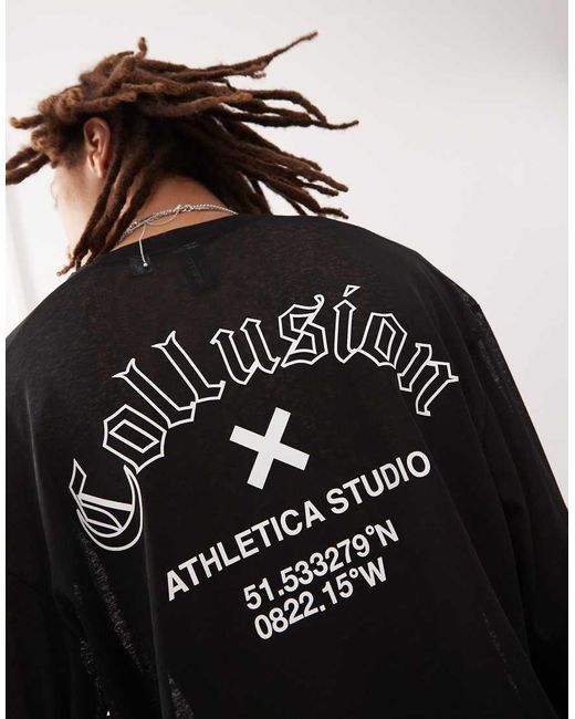 T-Shirt Skater A Maniche Lunghe Squadrata Nera Trasparente Testurizzata Con Stampa di Collusion in Black da Uomo