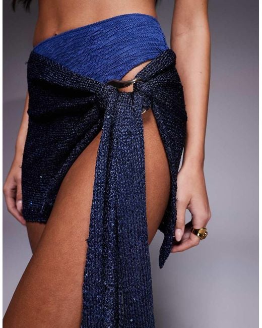 ASOS Blue Oceana Knitted Sequin Beach Sarong With Molten Hardware
