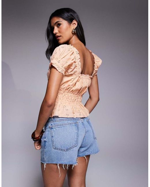 River Island Blue Shirred Puff Sleeve Top