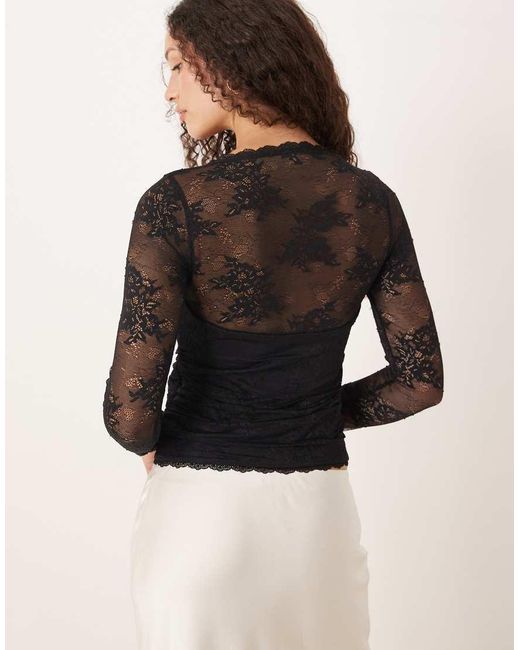 Abercrombie & Fitch Natural Sweetheart Neckline Lace Long Sleeve Top