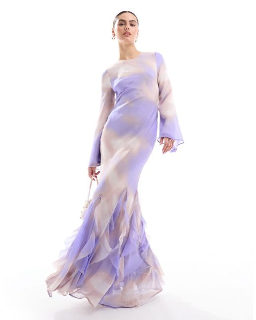 ASOS Purple Long Sleeve Bias Chiffon Maxi Dress With Ruffles