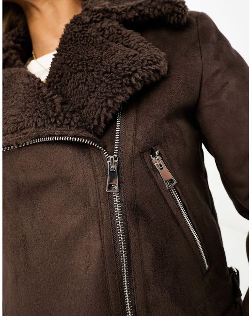 Threadbare Brown Betsy Suedette Aviator Jacket With Borg Trims