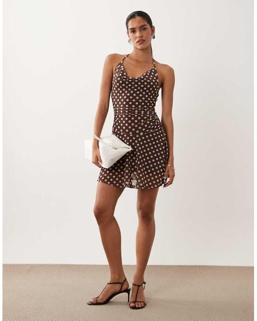New Look Brown Polka Dot Halter Neck Mini Dress