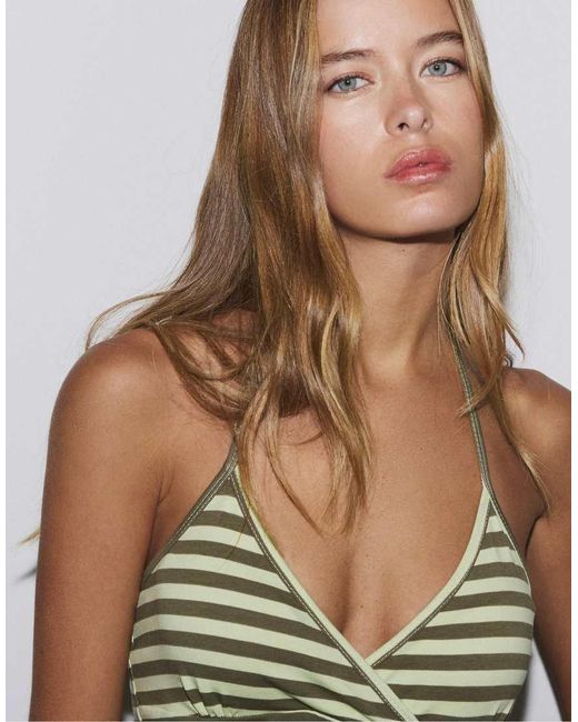 Stradivarius Green Fitted Halter Top